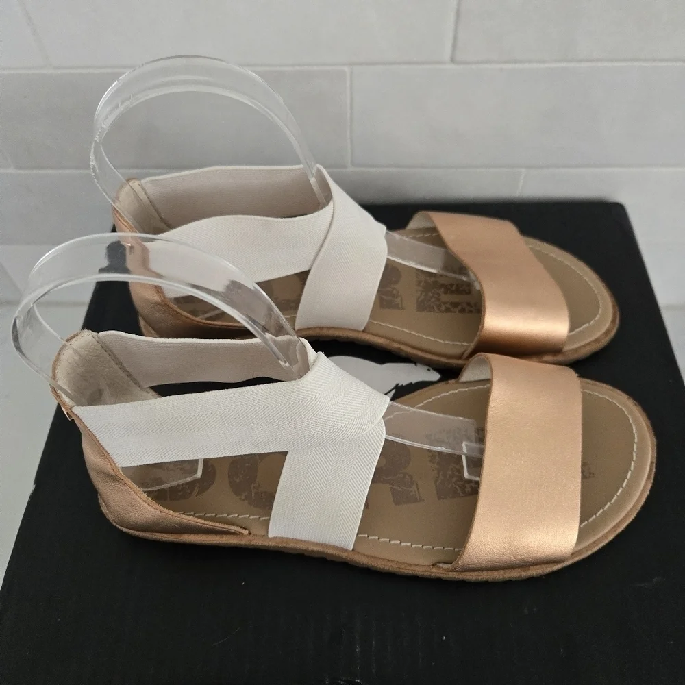 Sorel Ella Elastic Ankle Strap Gladiator Sandal Rose Gold Metallic Leather 6.5